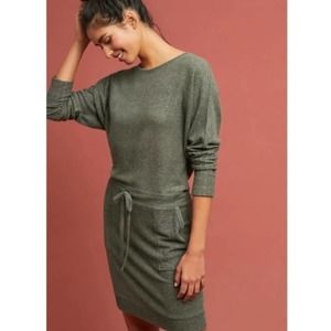 Anthropologie Saturday Sunday Olive Green Fleece Drop Waist Sweater Dress XL